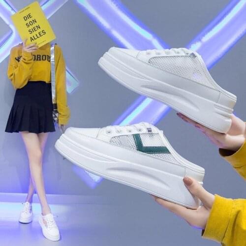 Small White Shoes Womens Spring And Autumn 2021 New Mesh Breathable Lazy Half-slippers Thick-soled Net Shoes Fashion Trendy