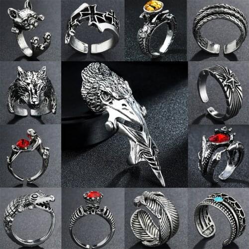 Punk Vintage Metal Feather Leaves Open Ring Male Jewelry European Men Gothic Rock Metal Color Leaf Free Ring Anillo
