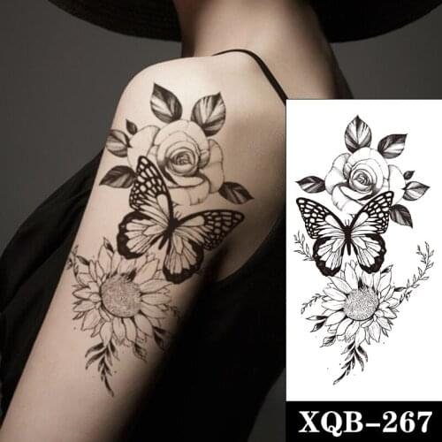 Plain Flower Waterproof Temporary Tattoo Sticker Black Butterfly Sunflower Rose Fake Tattoos Flash Tatoos Arm Body Art for Women