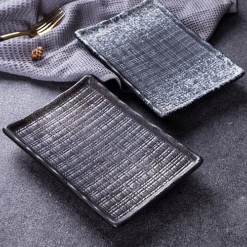 Japanese Art Ceramic Sushi Sashimi Flat Plate Home 10-inch Retro Dark Grid Cake Sushi Snack Plate Display Plate Square Tableware