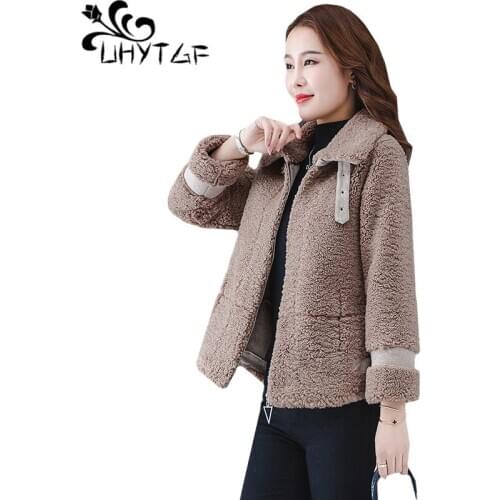 UHYTGF Winter fur coat women Cashmere casual warm Female coat Stand collar zipper solid color wild short jacket 3XL plus size799