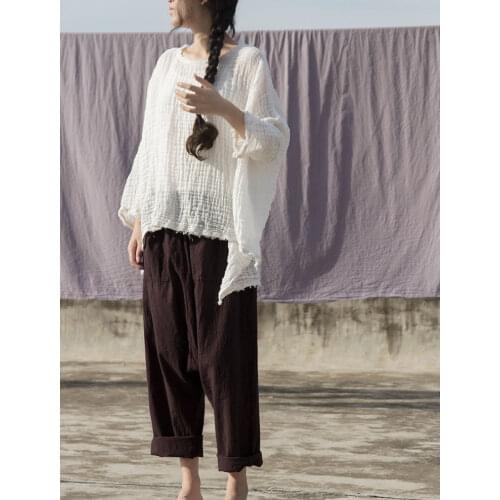 Women Loose White Cotton Wrinkle T-shirt Tops Ladies Vintage 2020 Summer Irregular Length Tees Shirt Female Shirts