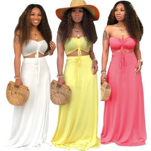 Summer Fashion Women Two Piece Outfits Sweet Style Sexy Sleeveless Tied Rope Tube Top Casual Loose Dress Floor Length Skirt Set