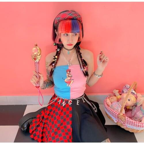 Women Sexy Vest Tube Top Summer Hot Girl Stitching Cute Kawaii Streetwear Sling Harajuku Japanese Sweet Slim Print Short Tops