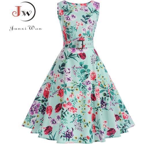 Women Summer Dress Print Floral Robe Retro Swing Casual Elegant Vintage 50s Rockabilly Dress Party Dresses with Belt Vestidos