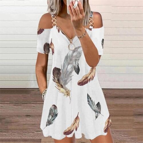 2021 Summer New Fashion Dresses for Women V-Neck Zipper Hollow out Print Casual Short Sleeve Loose Temperament Party Midi Dress