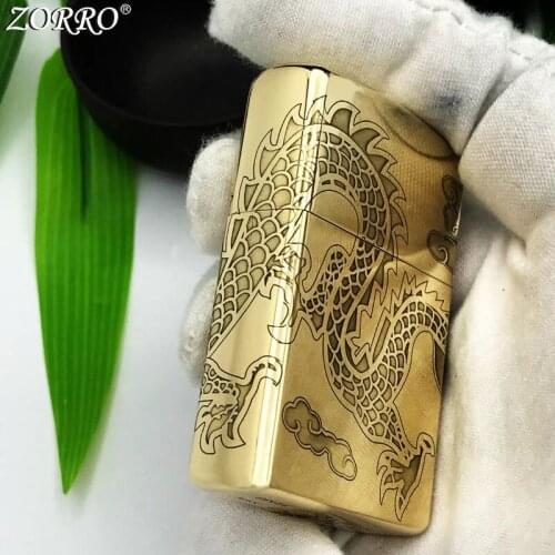 Zorro Brass Kerosene Lighter Five Side Exquisite Carving Creative Dragon Collection Gift Gasoline Smoking Tool