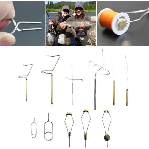 11Pcs Fly Tying Tool Kit with Hackle Plier Bobbin Threader Holder Whip Finisher Handle Bodkin Disc Bullet Angler Bobbin Holder