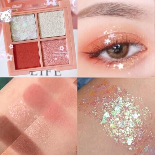 4 Colors Mashed Potato Sequins Eyeshadow Peach Blossom Mini Portable Luminous Pearlescent Waterproof Eyeshadow Palette