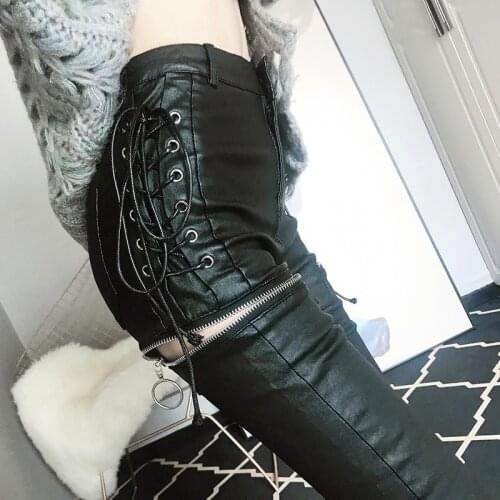 Punk Fashion Zippers Tied Womens PU Leather Pants High Waist Slim Fit Female Trousers Female Pencil Leather Pants Women KZ108