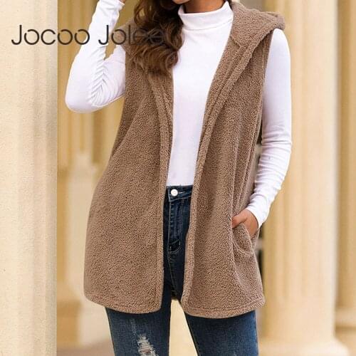 Jocoo Jolee Elegant Plush Sleeveless Jackets Casual Solid Hooded Waistcoat Women Autumn Loose Vest Coat Vintage Fleece Cardigan