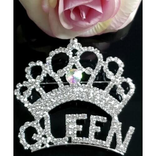 Crystal Handmade Pageant Crown Brooch Pin with "QUEEN" Word in Sliver Tone Fashion Rhinestone Jewelry&Accessories WHOLESALE