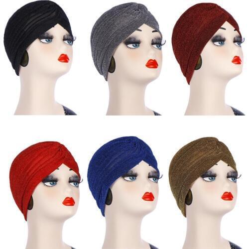Muslim Women Chemo Cap Hat Pleated Headscarf Turban Bonnet Hijab Beanie Islamic Arab Glitter Indian Hat Hair Loss Chemo Cap New
