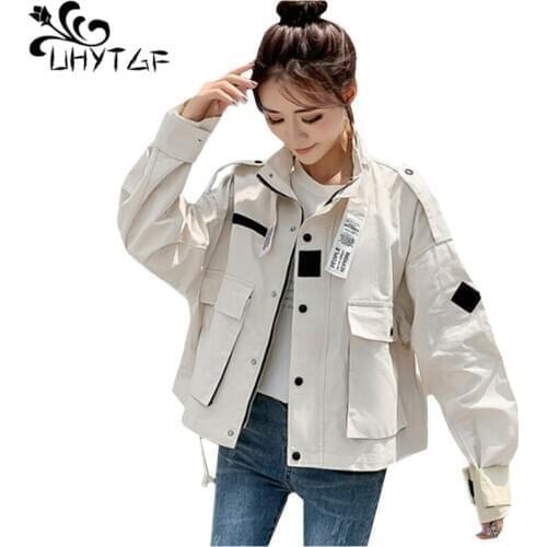 UHYTGF Oversized Jacket Women Solid Color Wild Casual Spring Autumn Coats Outerwear Retro Tooling Elegant Student Short Tops 975
