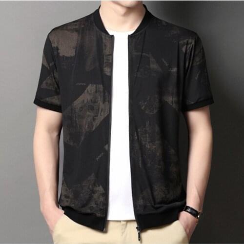 2021 Autumn Summer Retro Printed Zipper T Shirts Mens Black England Elegant Cardigan Large Size Clothes For Men Fashion Husband