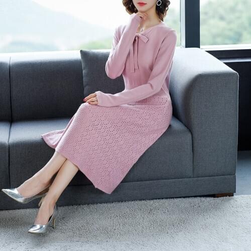 New Autumn Women Long Solid Sweater Dress Elegant Butterfly Collar Slim Knit Dress