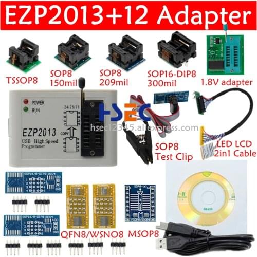 Full Set EZP2013 USB SPI Programmer SOP8 test clip soic8/16 1.8V adapter socket flash bois EZP2010 EZP2019 support 24 25 EEPROM