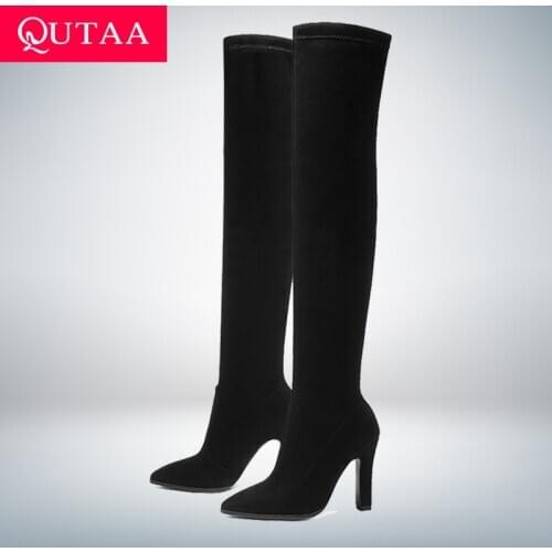 QUTAA 2021 Women Over The Knee High Boots Slip on Winter Shoes Thin High Heel Pointed Toe All Match Women Boots Size 34-43