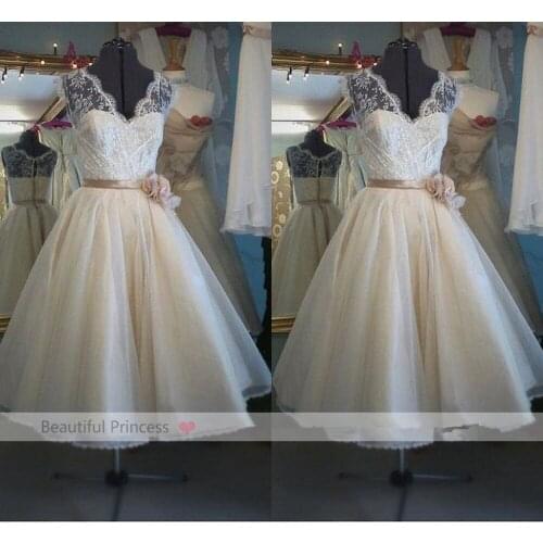 Real Sample summer vestido de noiva 2020 cheap Lace a-line Vintage Tea-Length V-Neck Flowers Bridal Gown bridesmaid dresses