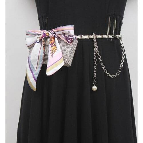 Luxury PU Metal Chain Waist Belt with Mini Bag Bling RHinestone PVC Fanny Packs Women Long Adjustable Ribbon Waist Pack Bag 2021