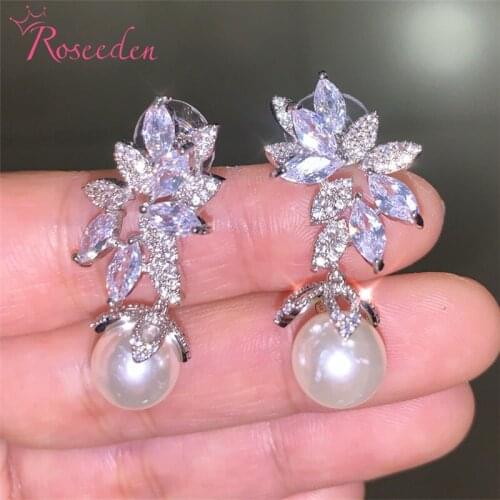 Silver Color Bling Zircon Stone Leaves Drop Earrings CZ Pearls Earring for Women Fashion Jewelry RE4159