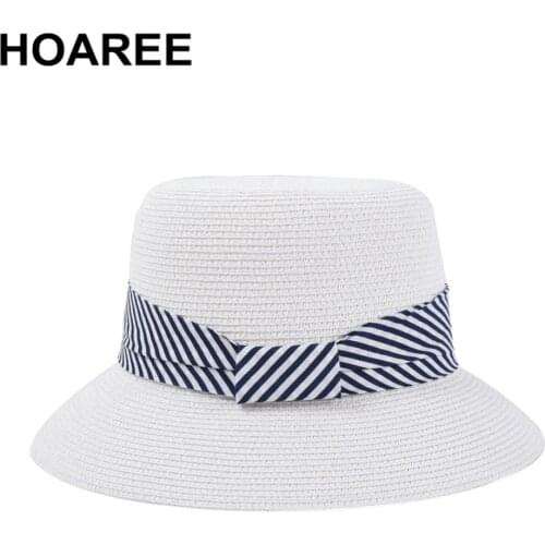 HOAREE Summer Hat Women Beach Straw Boater Fedora Top Flat Wide Brim Classic Panama Bowknot Sun Sunshade Cap White