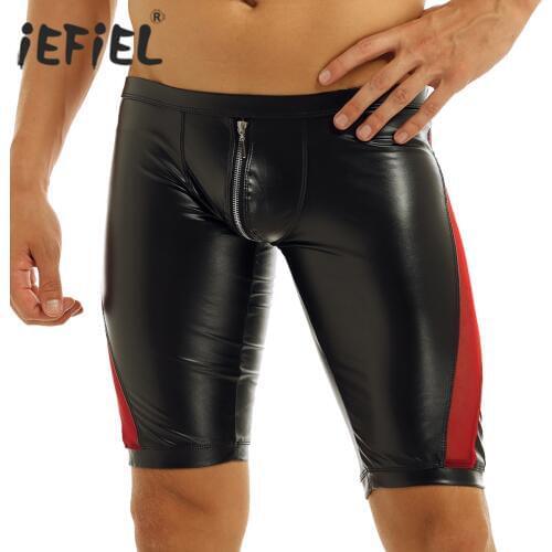 Mens Wetlook Shorts Faux Leather Skinny Zipper Crotch Mesh Splice Low Rise Slim Fit Tight Nightclub Sexy Wetlook Boxer Shorts