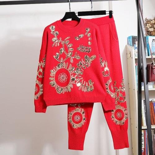 Red White Black Knitted Tracksuit Outfits Women Manual Sequin Embroidery Phoenix Sweater Pants Set Loose Casual Knit Suit Female