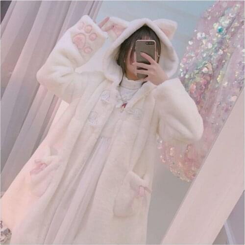 Kawaii Fleece Warm Plush Cartoon Anime Jackets Japanese Sweet Soft Sister Cute Coat Winter Rabbit Ears Hooded Lolita Teddy Coat