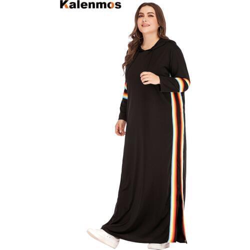 Turkey Hooded Tracksuit Maxi Dress Women Muslim Arab striped Jogging Sports Long Dress Walk Wear Musulman Islamic Clothing 4XL