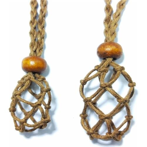 Interchangeable Crystal/stone Holder Necklace Brown Pouch Macrame Keepsake Bohemian Net Adjustable Length Empty Holder #JX03F-3D