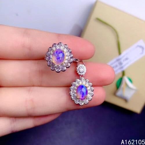 Fine jewelry 925 pure silver Chinese style natural opal womens luxury popular oval gem pendant adjustable ring set support dete