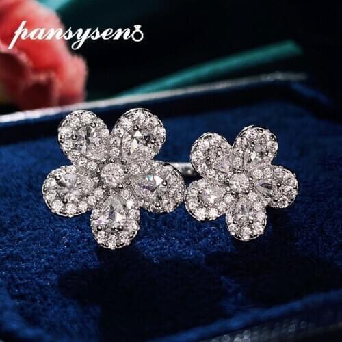 PANSYSEN 100% 925 Sterling Silver Flower Shape Created Moissanite Diamonds Wedding Engagement Open Adjustable Rings for Women