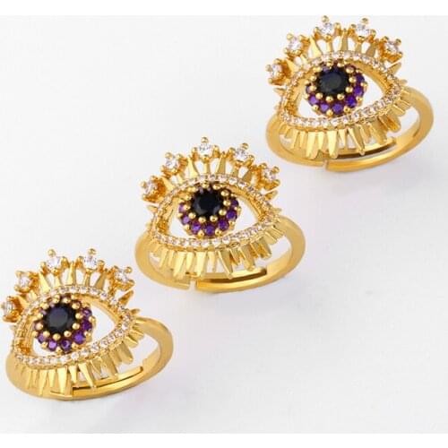 FLOLA Gold Filled Evil Eye Ring Woman CZ Turkish Eye Adjustable Ring Pave Zircon Evil Eye Jewelry anillos mujer ojo turco rih82