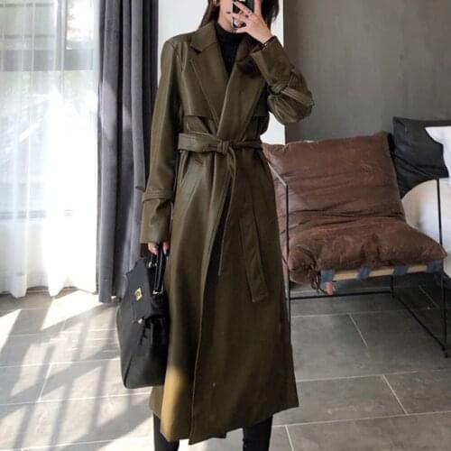 Autumn long pu trench coat for women 2021 long sleeve belted faux leather coats women fashion