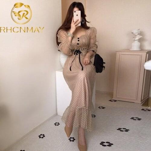 Korean WomenS Dress Fall 2021 Square Neck High Waist Lace Trim Stitching Organza Polka Dot Dress Office Ladies Casual Dresses