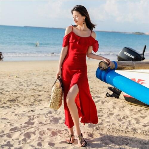 Seaside Resort Sanya Beach Dress Girlfriends Outfit Spaghetti Strap Women Dresses Luxury Summer Mid-Calf Red Lady Girl Vestidos