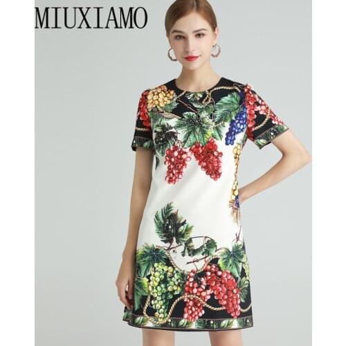 MIUXIMAO 2021 Spring Summer Diamonds Grape Print Short Sleeve O-neck Elegant Slim Casual Dress Female Holiday Women Vestidos