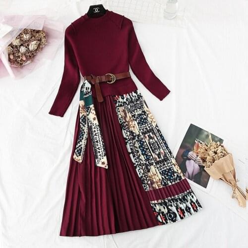 Elegant Knitted Sweater Patchwork Pleated Dress Autumn Winter Long Sleeve Floral Print Women Dress Office Lady Casual Midi Dress