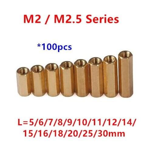 100pcs Thread M2 M2.5 Hex Brass Standoff spacer Female to Female Spacing Screws Brass Long Nuts L=5/6/8/10/12/15/20/25mm