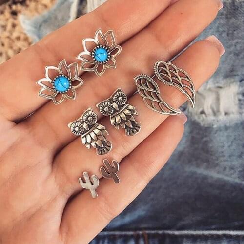 8 Pcs/Set Bohemia Retro Owl Lotus Hollow Feather Silver Color Earrings Set for Women Fashion Jewelry Mothers Day gift