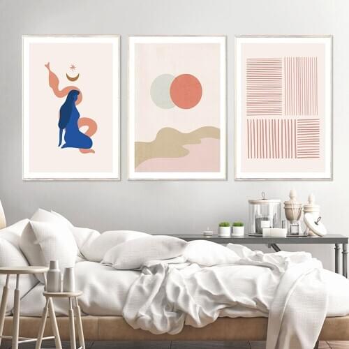 Boho Abstract Poster Eclipse Sunrise Pink Line Woman Snake Canvas Painting Wall Art Pictures For Living Room Modern Decor Prins
