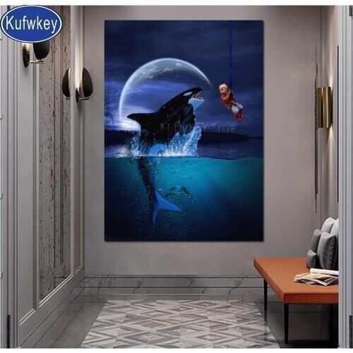 Diy full square round drill diamond painting moon sea dolphin baby 5d diamond mazayka embroidery crystal icons decor