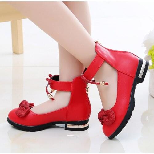 Girls Leather Shoes Princess Casual Sweet Bow-knot Ribbon Bowtie Kids High Heel Sandals New Non-Slip Shallow Mouth Single Shoes