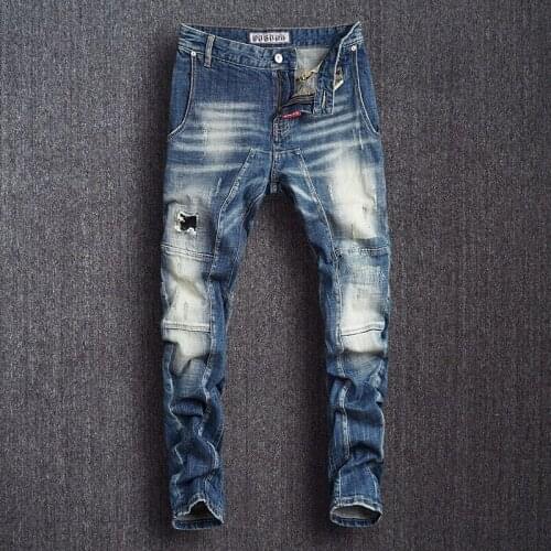 European Street Fashion Men Jeans Retro Blue Distressed Slim Fit Ripped Biker Jeans Men Spliced Designer Hip Hop Denim Pants