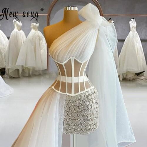 Elegant Crystals Celebrity Dress White One Shoulder Bow Short Evening Dress Vintage Sleeveless Red Carpet Party Prom Gowns