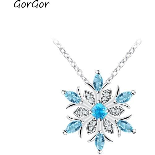 GorGor Necklace Women Copper Material Blue Snowflakes Pendant Glass Bead Exquisite Beautiful Wedding Jewelry R10300673220A