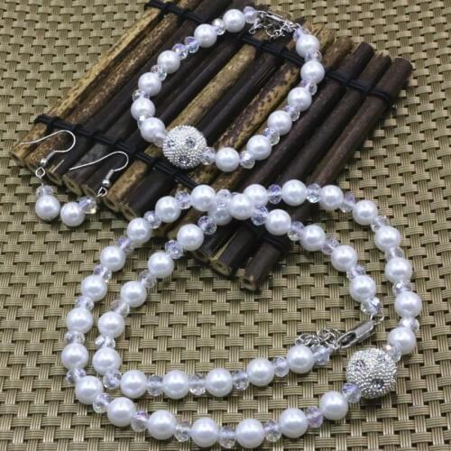 High grade white simulated-pearl shell 8mm round beads abacus crystal necklace bracelet earrings for women jewelry set B3181
