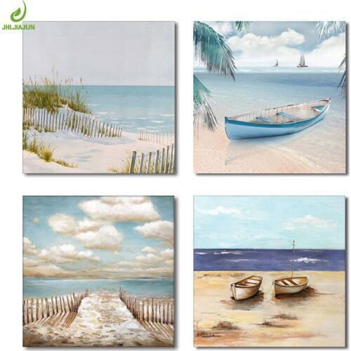 JHLJIAJUN 4 Piece Sea View Sailing Boat Canvas Art Decoration Home Modular Picture Art Decorative No Frame Nordic Picture