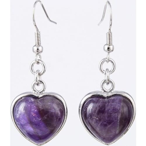 New Natural Stone Earrings Heart Pendant Drop Earring Purple Quartz Pink Crystal Dangle earrings Women Party Wedding Jewelry